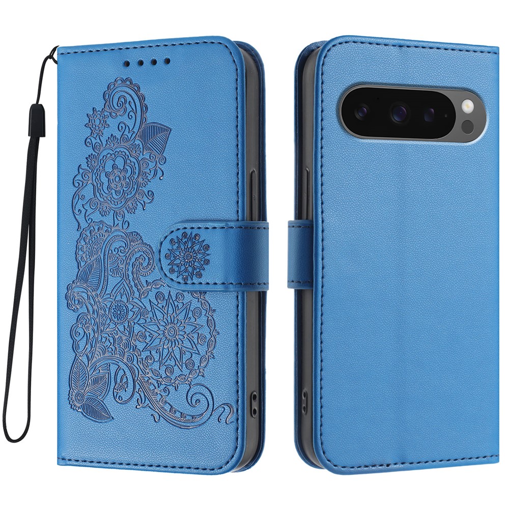 For Google Pixel 9 Pro XL / Google Pixel 10 Pro XL Phone Cases Mandala Flower Leather Wallet Mobile Cover with Strap - Royal Blue