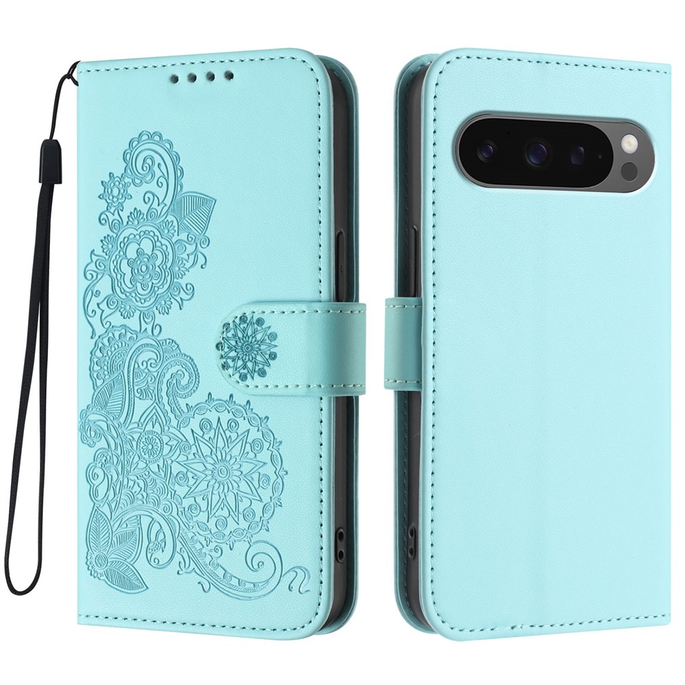 For Google Pixel 9 Pro XL / Google Pixel 10 Pro XL Phone Cases Mandala Flower Leather Wallet Mobile Cover with Strap - Light Blue