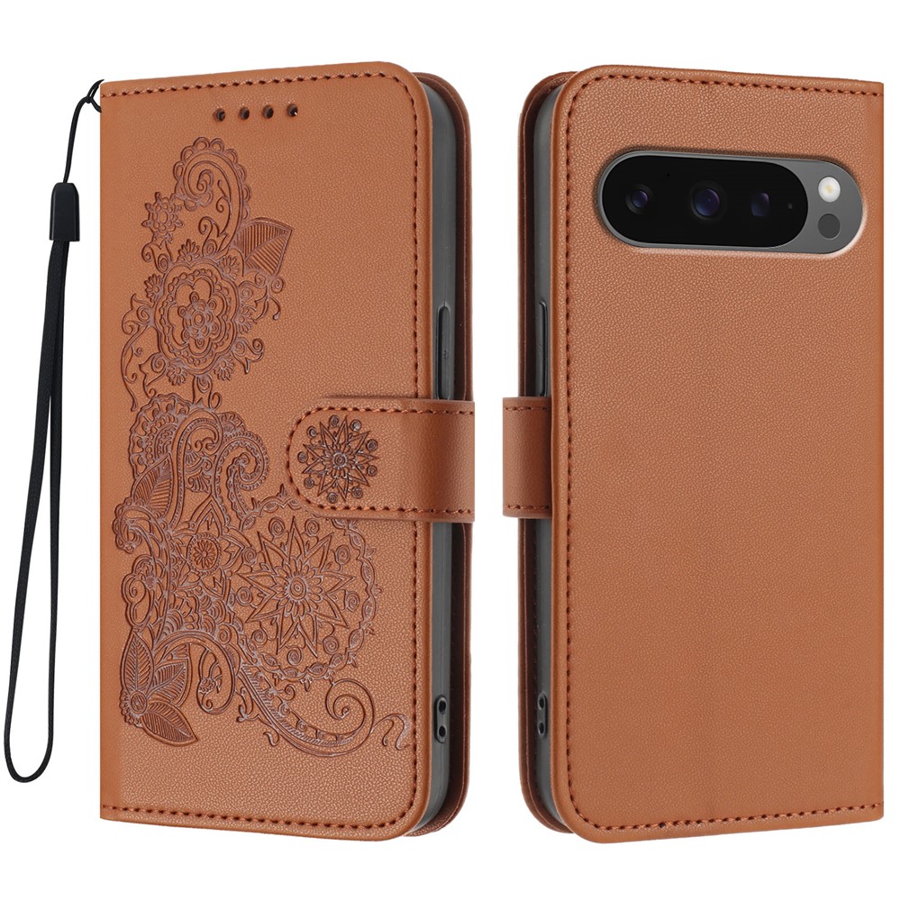 For Google Pixel 10 Pro / Google Pixel 9 / Google Pixel 9 Pro / Google Pixel 10 Phone Cases Mandala Flower Leather Wallet Mobile Cover with Strap - Coffee