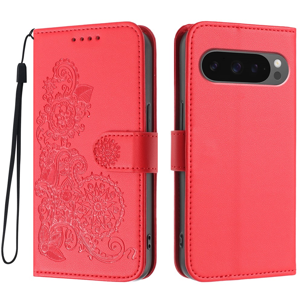 For Google Pixel 10 Pro / Google Pixel 9 / Google Pixel 9 Pro / Google Pixel 10 Phone Cases Mandala Flower Leather Wallet Mobile Cover with Strap - Red