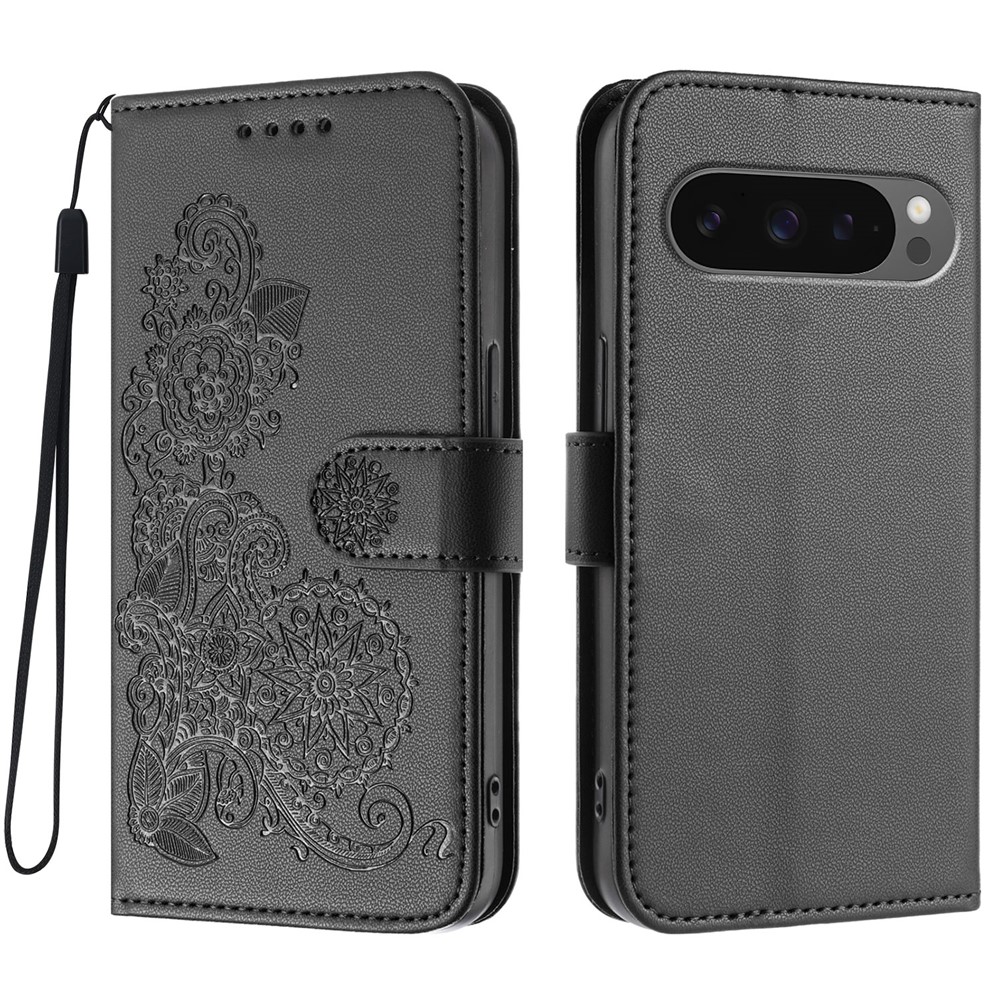 For Google Pixel 10 Pro / Google Pixel 9 / Google Pixel 9 Pro / Google Pixel 10 Phone Cases Mandala Flower Leather Wallet Mobile Cover with Strap - Black
