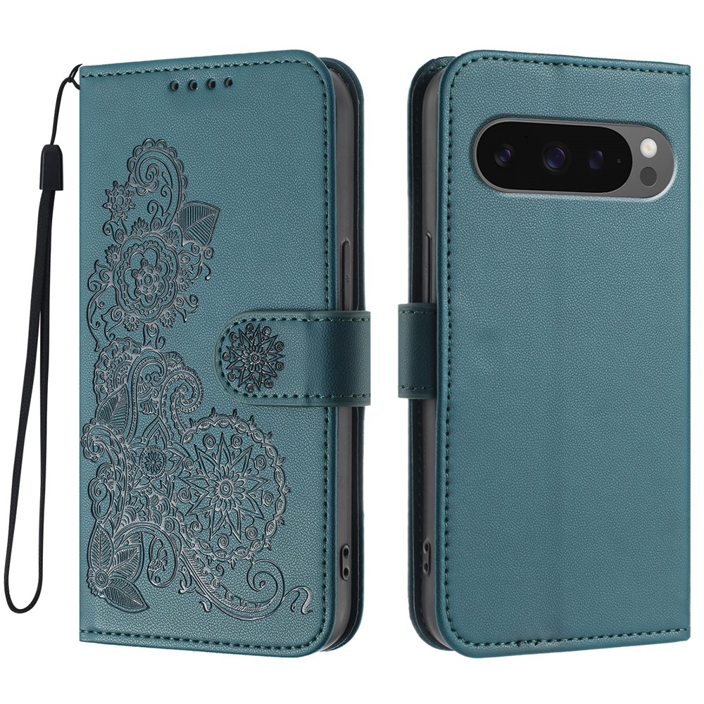 For Google Pixel 10 Pro / Google Pixel 9 / Google Pixel 9 Pro / Google Pixel 10 Phone Cases Mandala Flower Leather Wallet Mobile Cover with Strap - Blackish Green