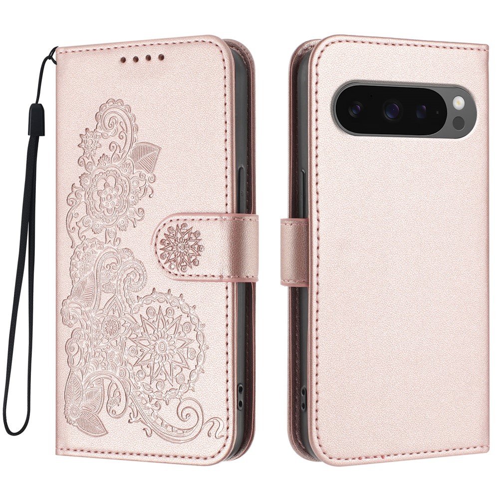 For Google Pixel 10 Pro / Google Pixel 9 / Google Pixel 9 Pro / Google Pixel 10 Phone Cases Mandala Flower Leather Wallet Mobile Cover with Strap - Rose Gold