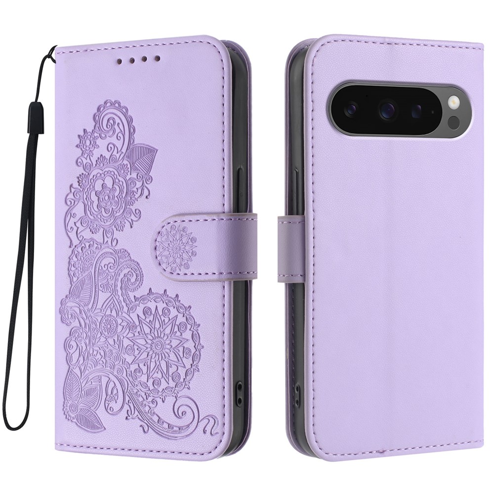 For Google Pixel 10 Pro / Google Pixel 9 / Google Pixel 9 Pro / Google Pixel 10 Phone Cases Mandala Flower Leather Wallet Mobile Cover with Strap - Purple