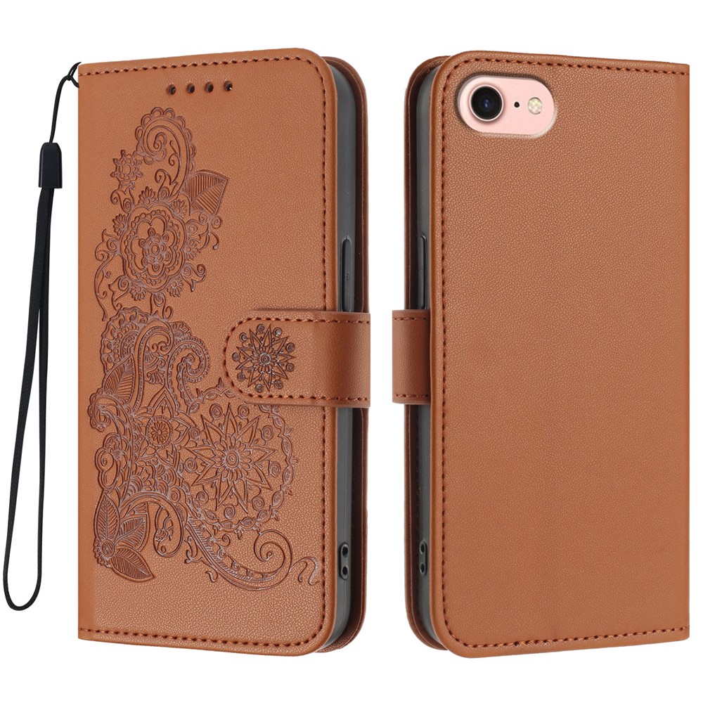 For iPhone 16e Phone Cases Mandala Flower Leather Wallet Mobile Cover with Strap - Coffee