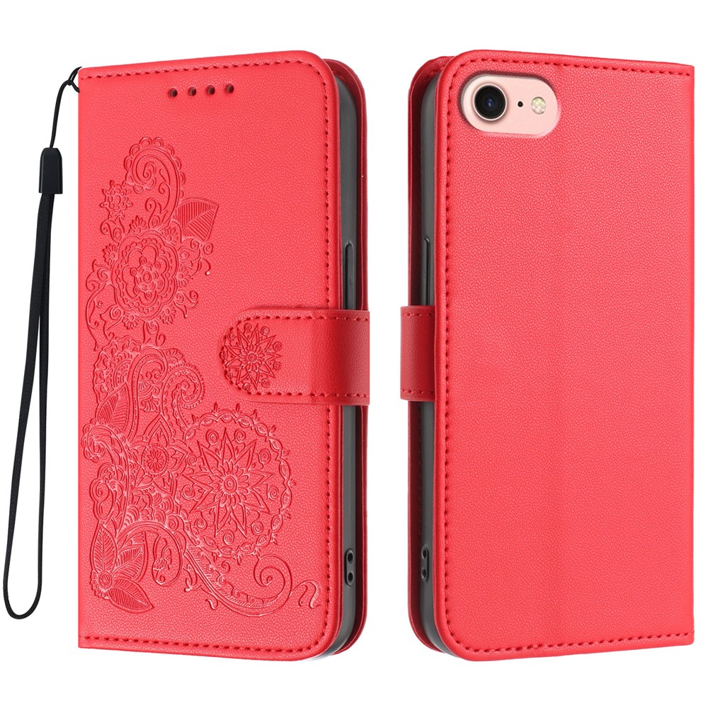 For iPhone 16e Phone Cases Mandala Flower Leather Wallet Mobile Cover with Strap - Red