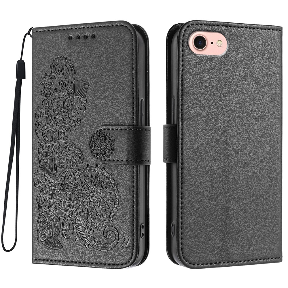 For iPhone 16e Phone Cases Mandala Flower Leather Wallet Mobile Cover with Strap - Black