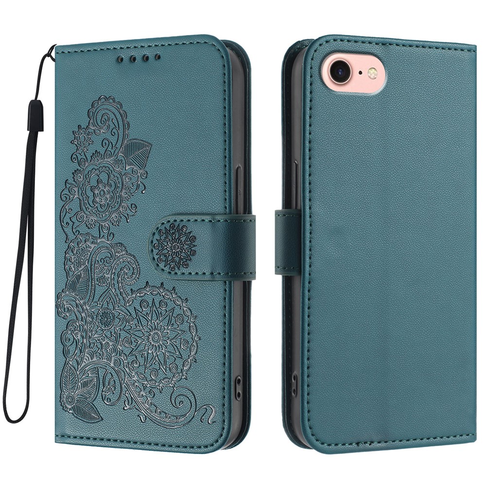 For iPhone 16e Phone Cases Mandala Flower Leather Wallet Mobile Cover with Strap - Blackish Green