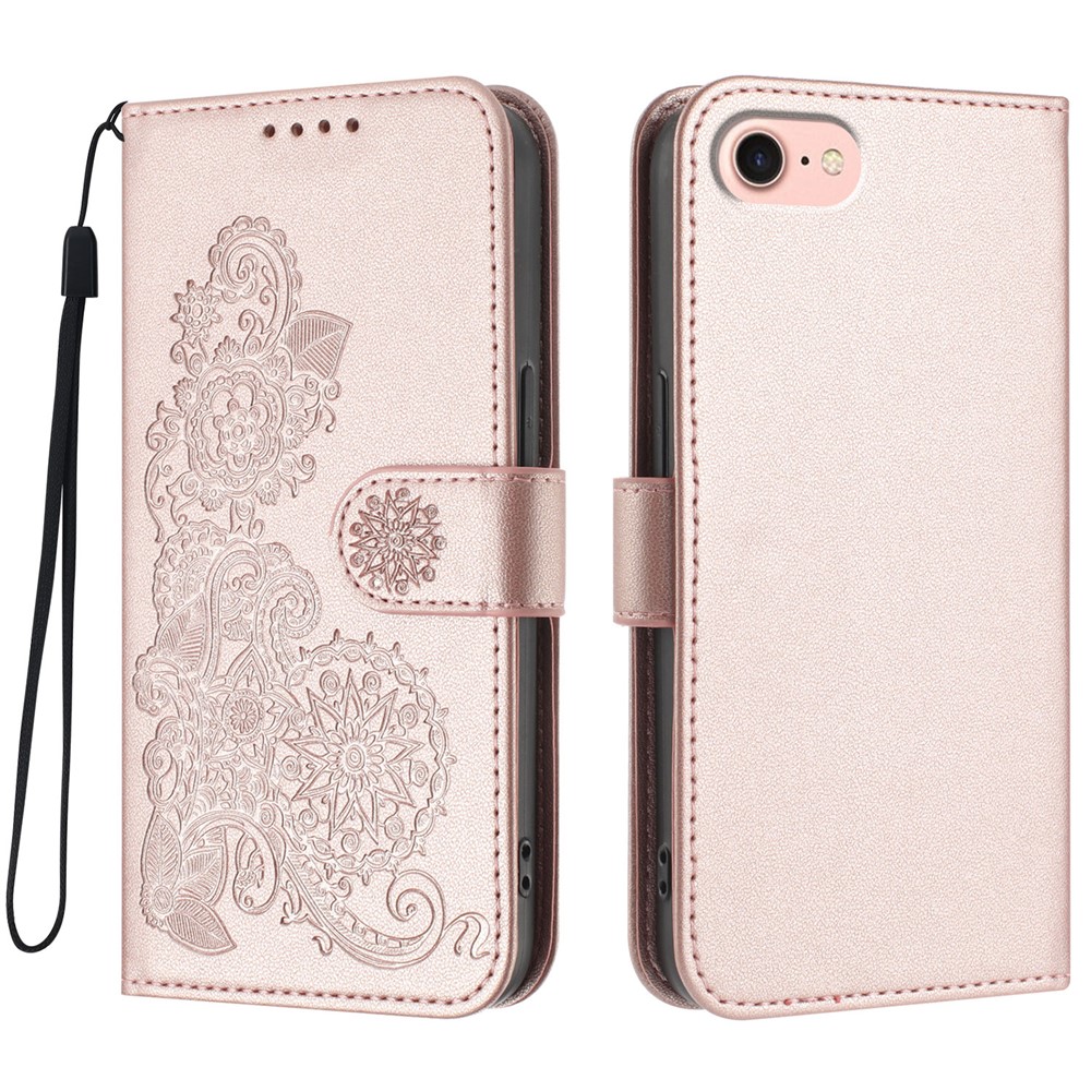 For iPhone 16e Phone Cases Mandala Flower Leather Wallet Mobile Cover with Strap - Rose Gold