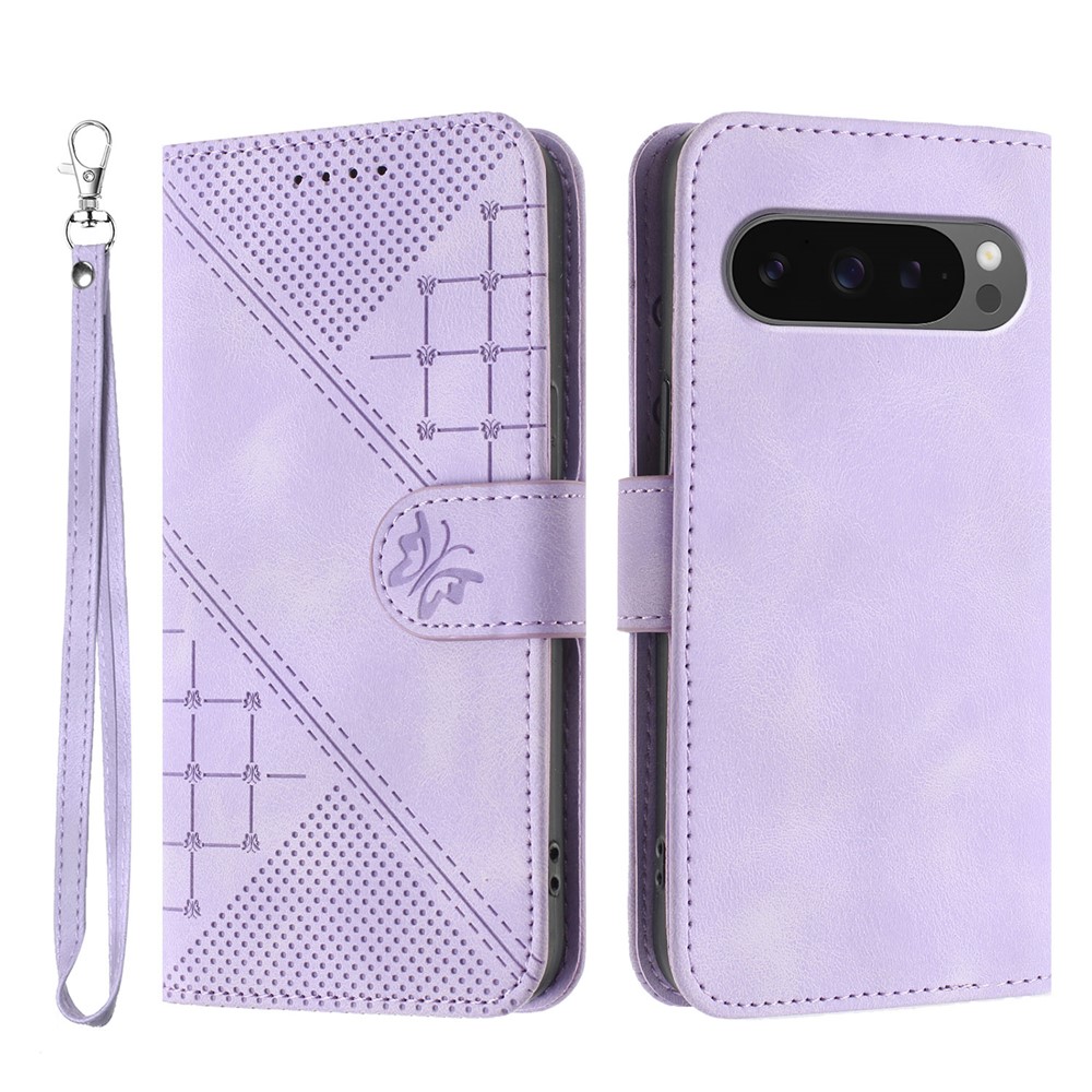 For Google Pixel 9 Pro XL / Google Pixel 10 Pro XL Leather Wallet Case Butterfly Flower Imprinted Phone Cover with Strap - Purple