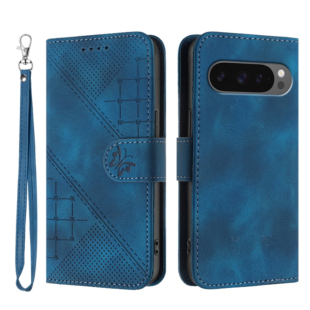 For Google Pixel 9 Pro XL / Google Pixel 10 Pro XL Leather Wallet Case Butterfly Flower Imprinted Phone Cover with Strap - Royal Blue