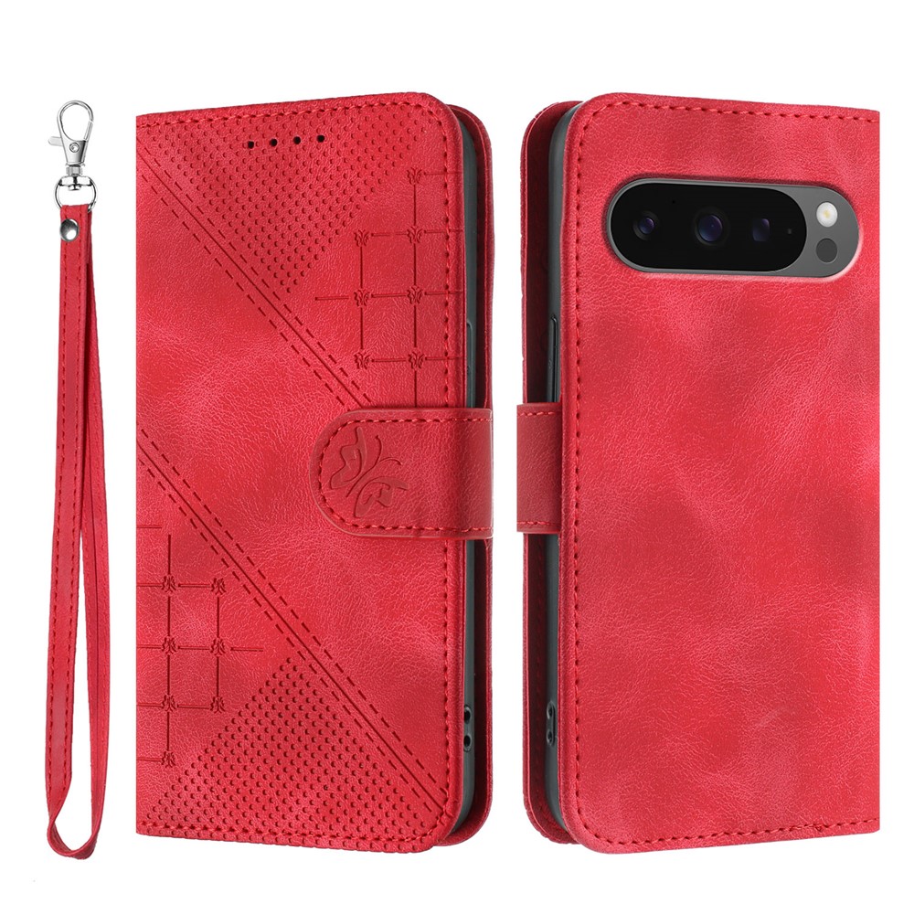 For Google Pixel 9 Pro XL / Google Pixel 10 Pro XL Leather Wallet Case Butterfly Flower Imprinted Phone Cover with Strap - Red