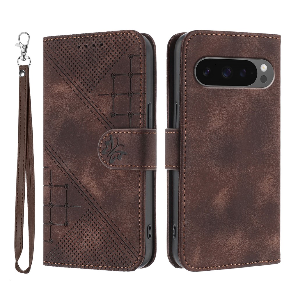 For Google Pixel 9 Pro XL / Google Pixel 10 Pro XL Leather Wallet Case Butterfly Flower Imprinted Phone Cover with Strap - Coffee