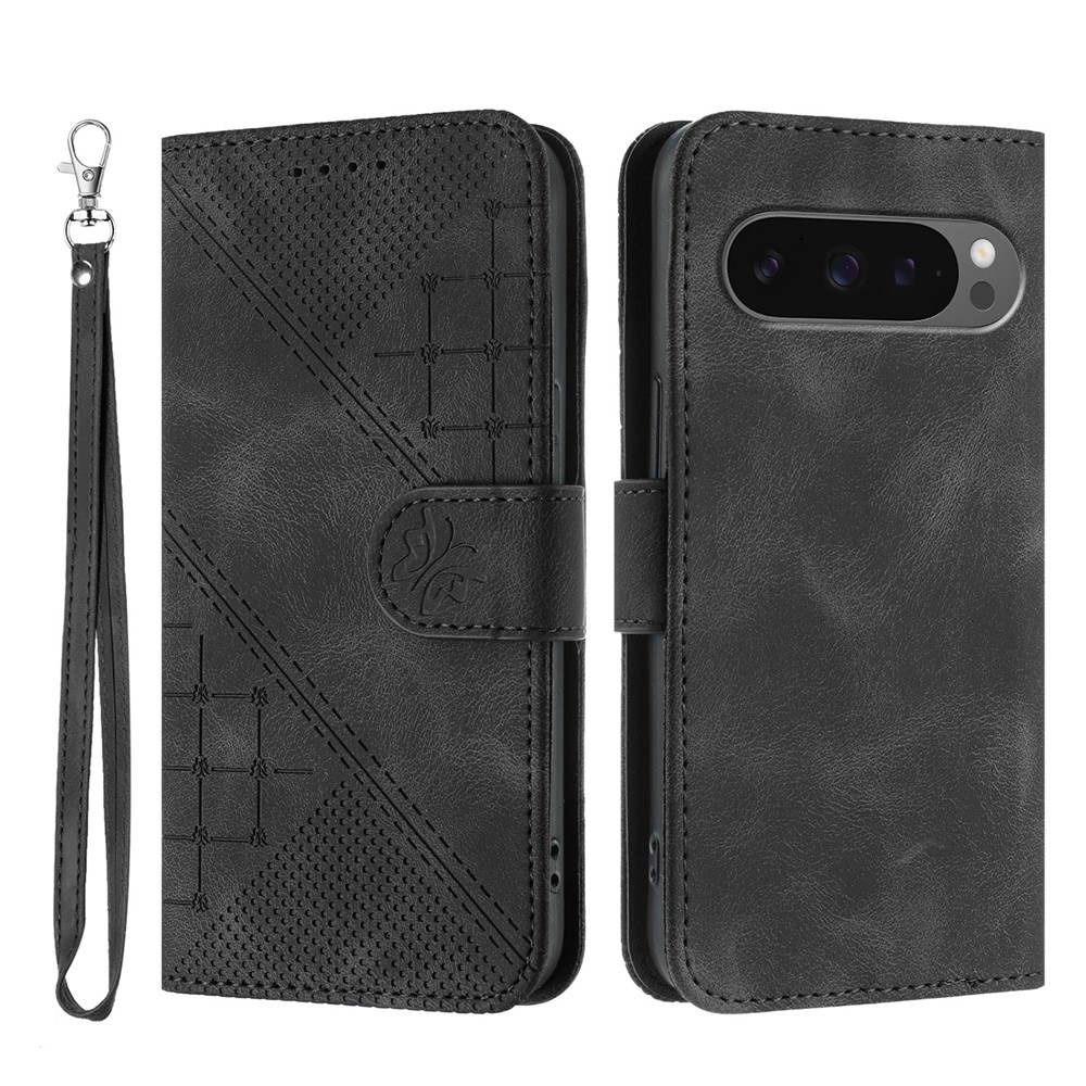For Google Pixel 9 Pro XL / Google Pixel 10 Pro XL Leather Wallet Case Butterfly Flower Imprinted Phone Cover with Strap - Black