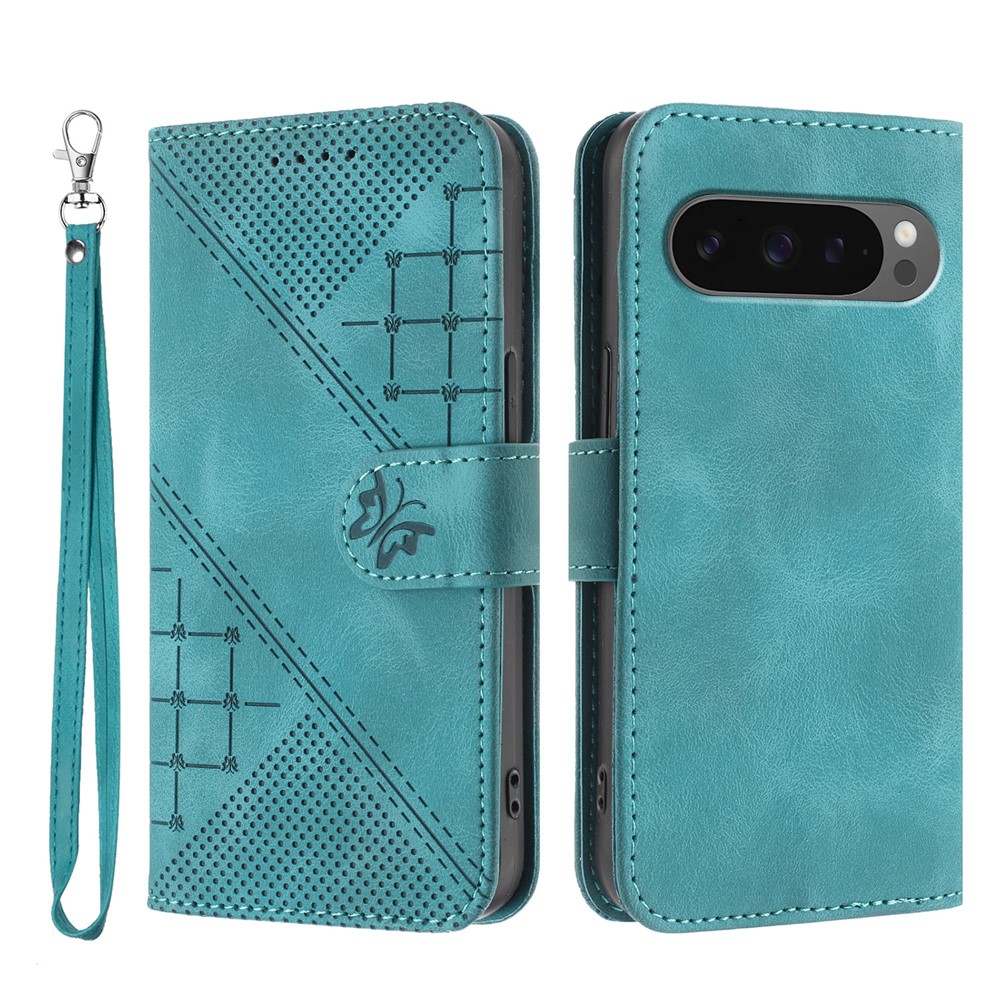 For Google Pixel 10 Pro / Google Pixel 9 / Google Pixel 9 Pro / Google Pixel 10 Leather Wallet Case Butterfly Flower Imprinted Phone Cover with Strap - Light Blue