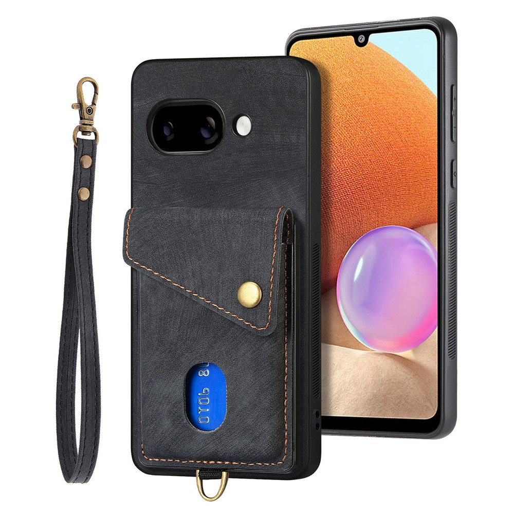 For Google Pixel 9a Case with Card Holder Kickstand Leather Phone Back Cover - Black
