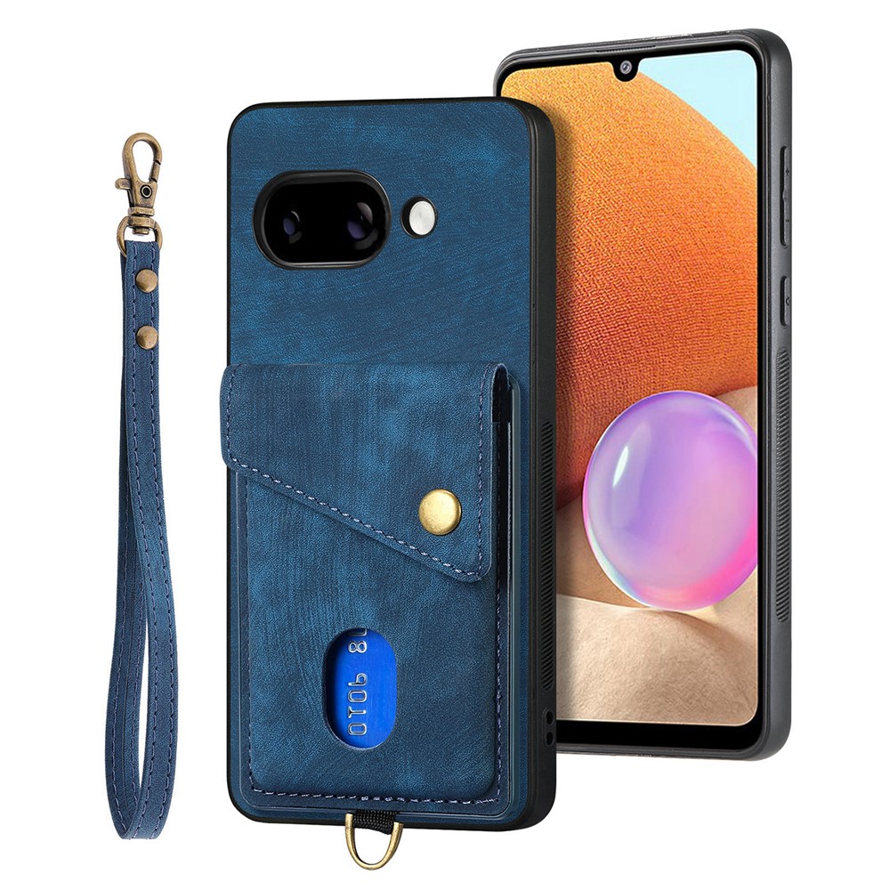 For Google Pixel 9a Case with Card Holder Kickstand Leather Phone Back Cover - Blue