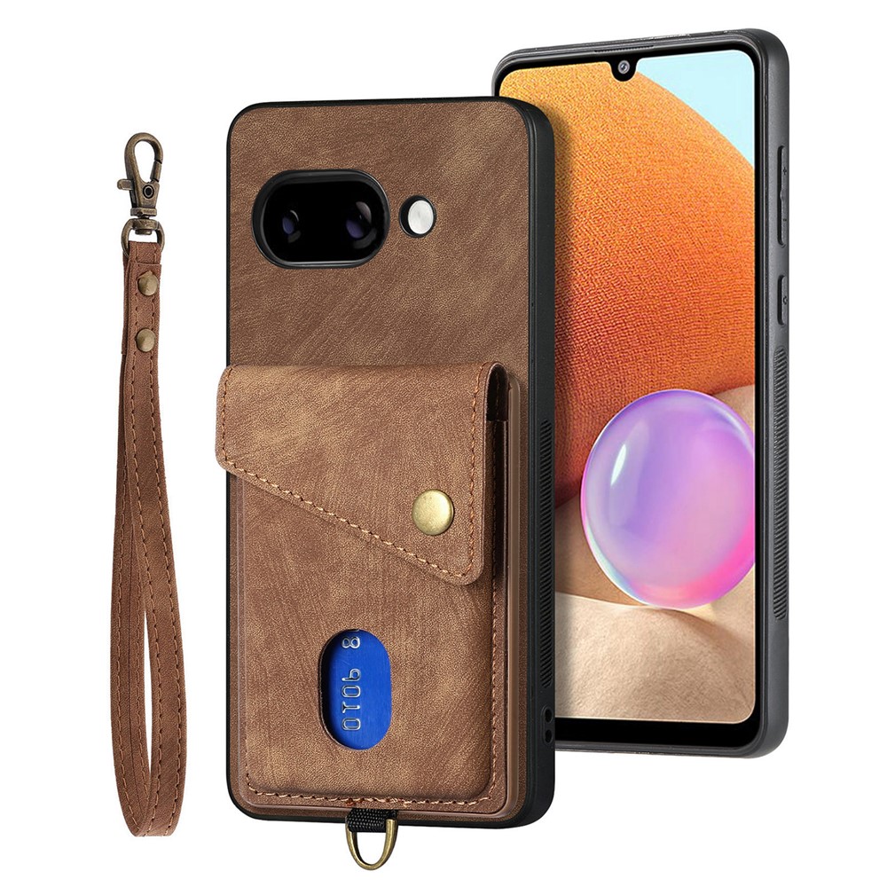 For Google Pixel 9a Case with Card Holder Kickstand Leather Phone Back Cover - Brown