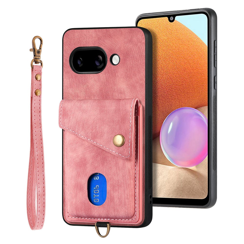For Google Pixel 9a Case with Card Holder Kickstand Leather Phone Back Cover - Pink