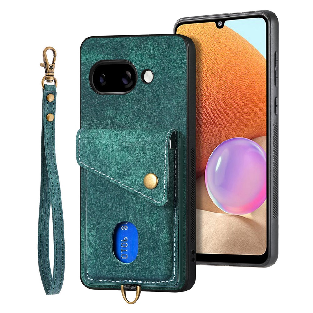For Google Pixel 9a Case with Card Holder Kickstand Leather Phone Back Cover - Green