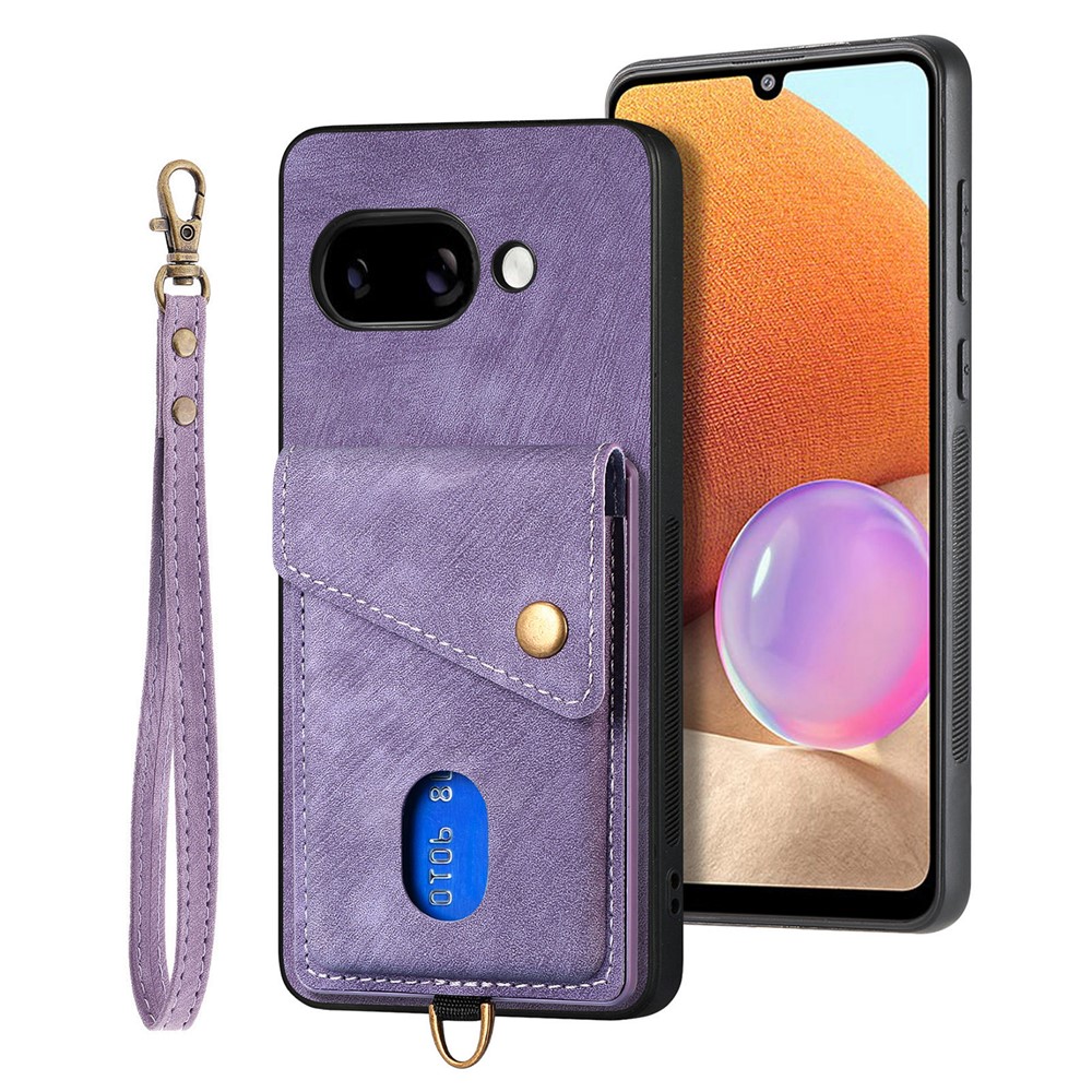 For Google Pixel 9a Case with Card Holder Kickstand Leather Phone Back Cover - Purple