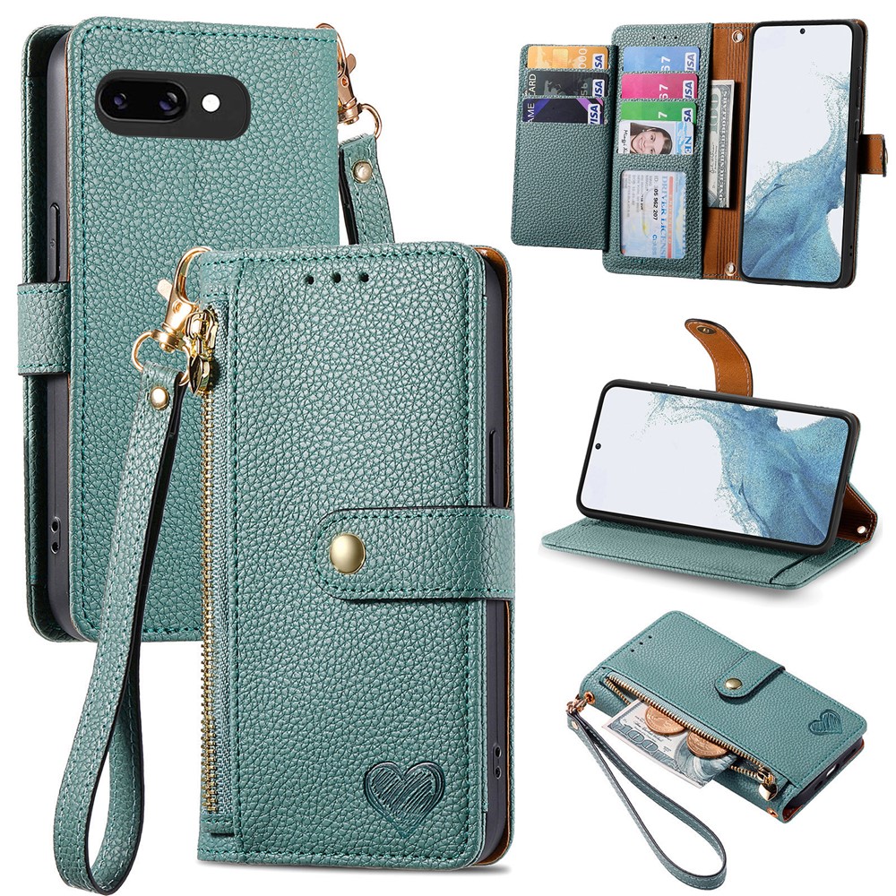 For Google Pixel 9a Case RFID Blocking Zipper Pocket Leather Wallet Phone Cover with Strap - Green