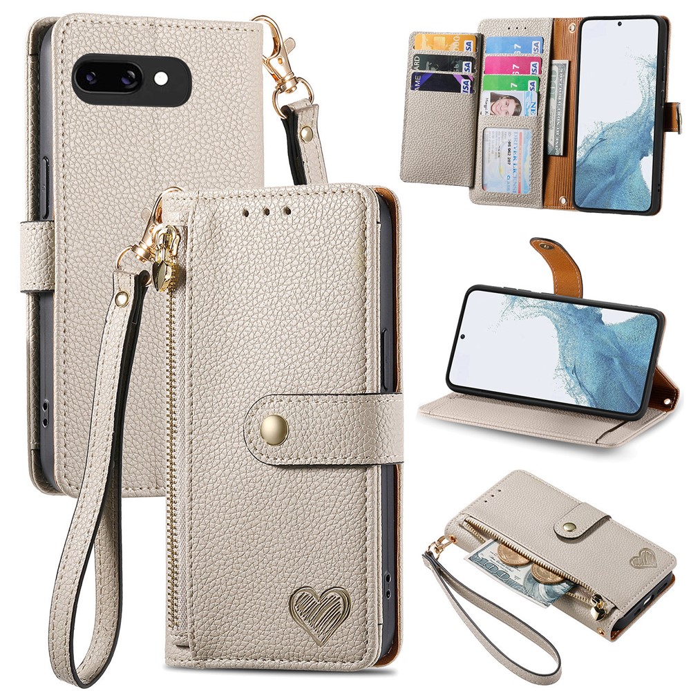 For Google Pixel 9a Case RFID Blocking Zipper Pocket Leather Wallet Phone Cover with Strap - Grey