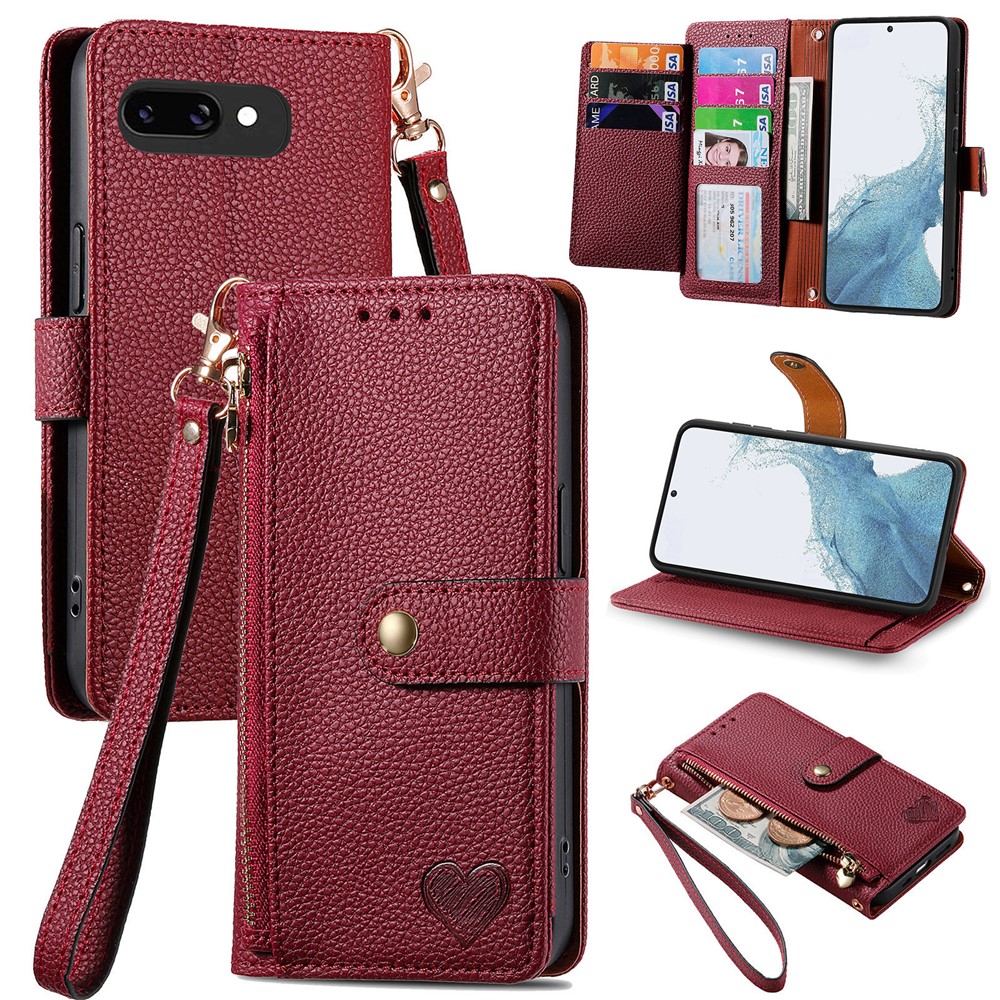 For Google Pixel 9a Case RFID Blocking Zipper Pocket Leather Wallet Phone Cover with Strap - Red