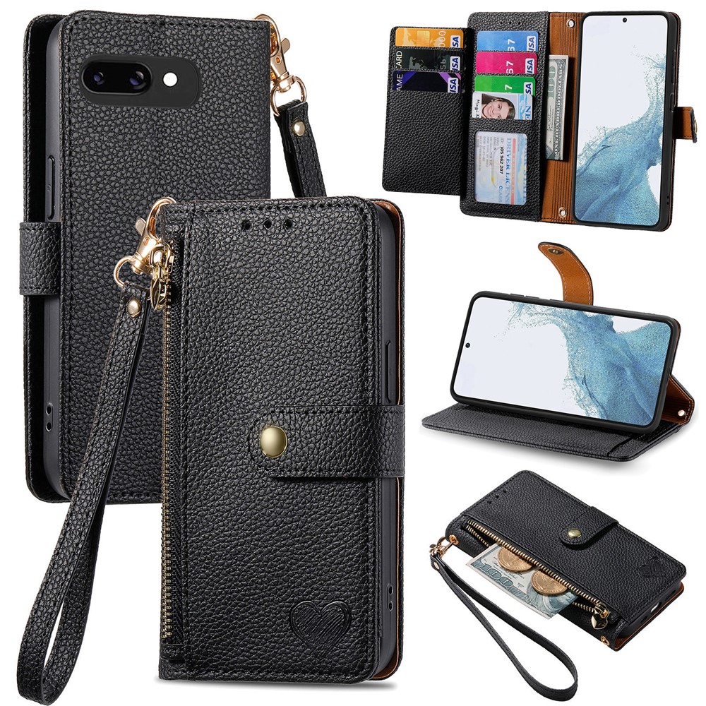For Google Pixel 9a Case RFID Blocking Zipper Pocket Leather Wallet Phone Cover with Strap - Black