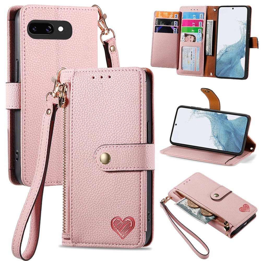 For Google Pixel 9a Case RFID Blocking Zipper Pocket Leather Wallet Phone Cover with Strap - Pink