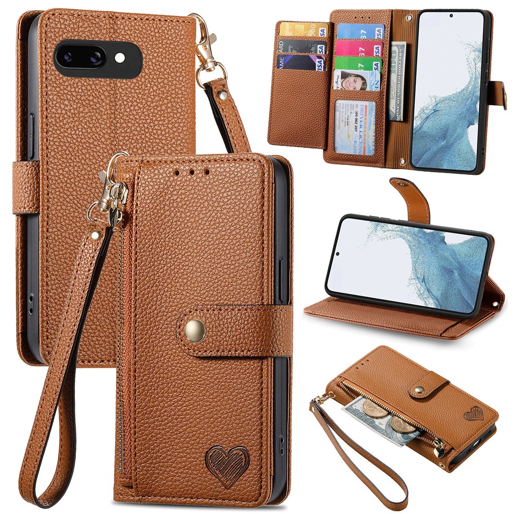 For Google Pixel 9a Case RFID Blocking Zipper Pocket Leather Wallet Phone Cover with Strap - Brown