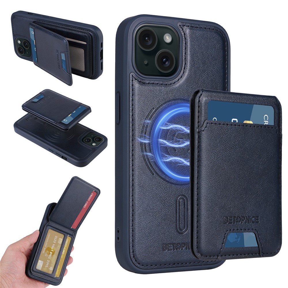For iPhone 15 Magnetic Case BETOPNICE RFID Blocking Leather Phone Back Cover with Detachable Card Bag - Blue