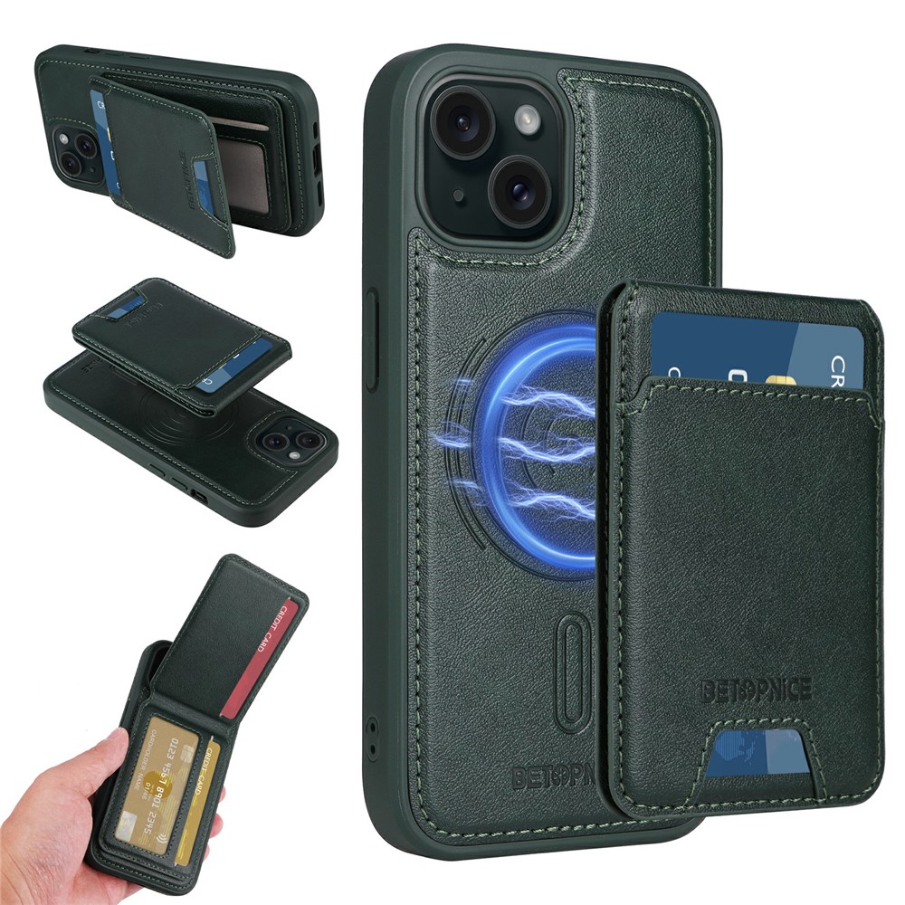 For iPhone 15 Magnetic Case BETOPNICE RFID Blocking Leather Phone Back Cover with Detachable Card Bag - Green