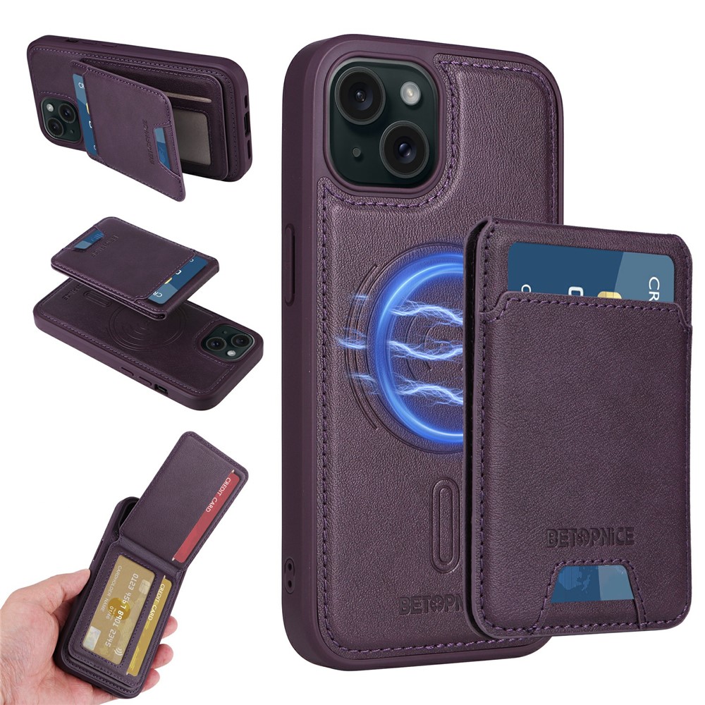 For iPhone 15 Magnetic Case BETOPNICE RFID Blocking Leather Phone Back Cover with Detachable Card Bag - Purple