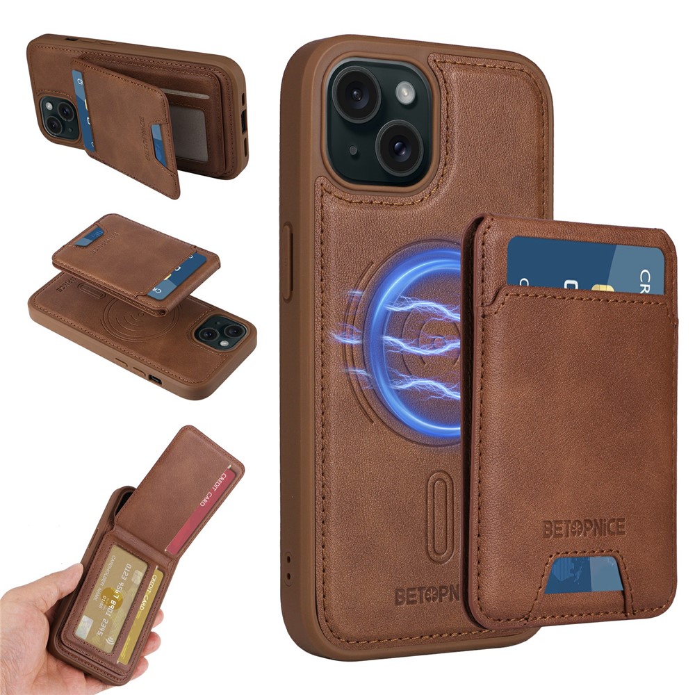 For iPhone 15 Magnetic Case BETOPNICE RFID Blocking Leather Phone Back Cover with Detachable Card Bag - Brown