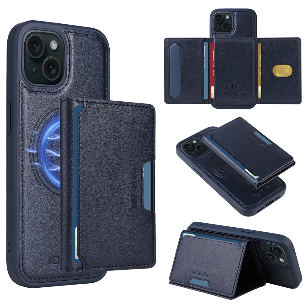 For iPhone 15 Magnetic Case BETOPNICE Leather Phone Cover Kickstand with Detachable Card Bag  - Blue