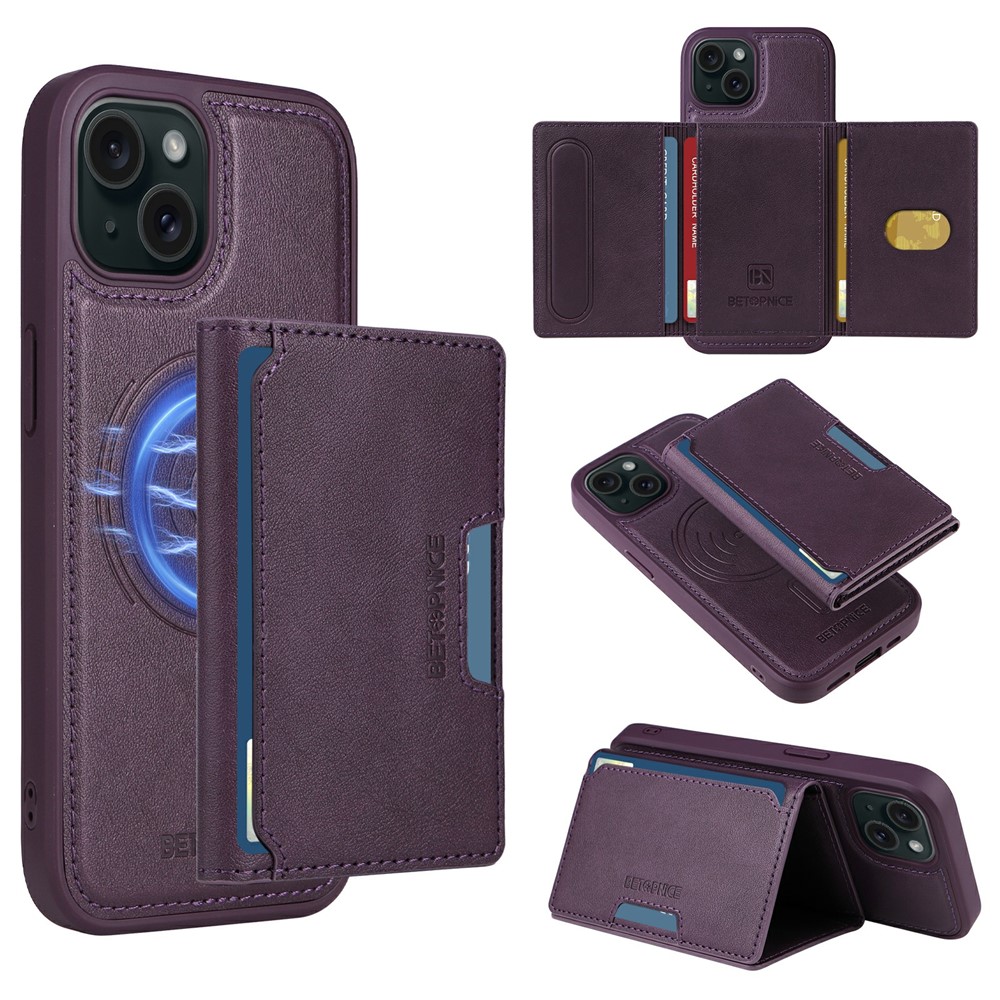 For iPhone 15 Magnetic Case BETOPNICE Leather Phone Cover Kickstand with Detachable Card Bag  - Purple