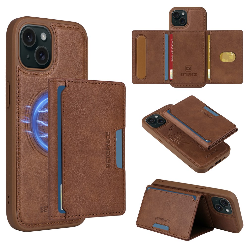 For iPhone 15 Magnetic Case BETOPNICE Leather Phone Cover Kickstand with Detachable Card Bag  - Brown