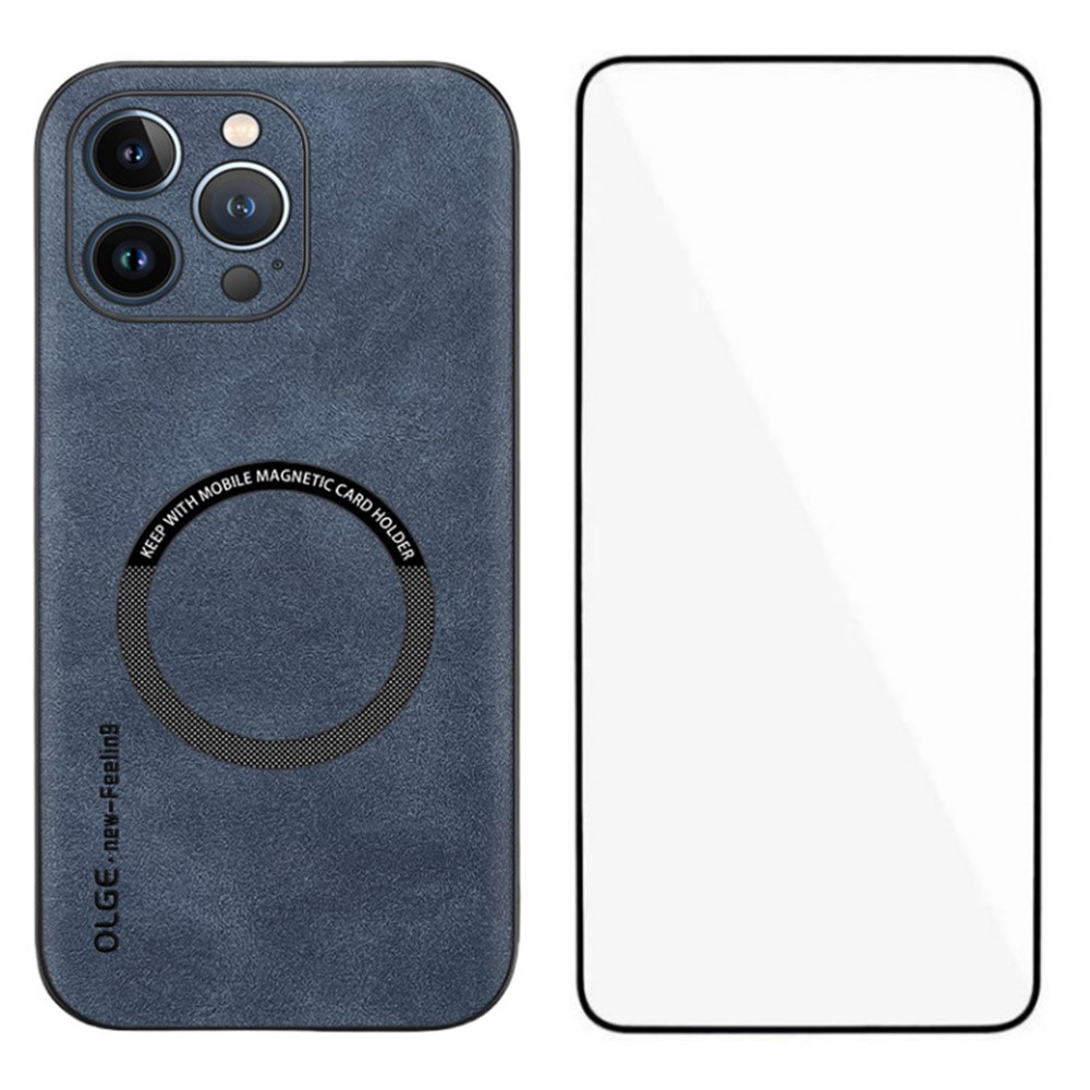 WANLONFENG YBP Series For iPhone 13 Pro Max Magnetic Case with Tempered Glass Film PU Leather + TPU Phone Cover Precise Cutouts - Blue