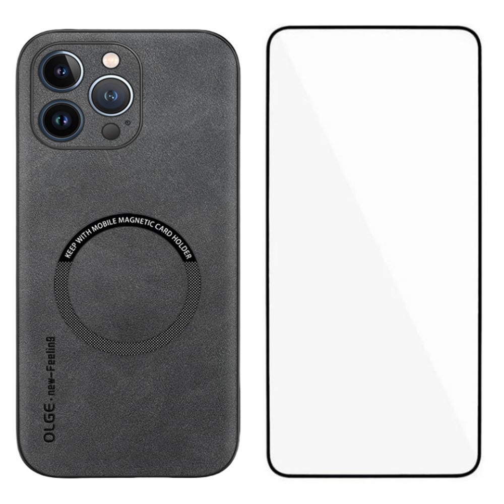 WANLONFENG YBP Series For iPhone 13 Pro Magnetic Case with Tempered Glass Film PU Leather + TPU Phone Cover Precise Cutouts - Grey