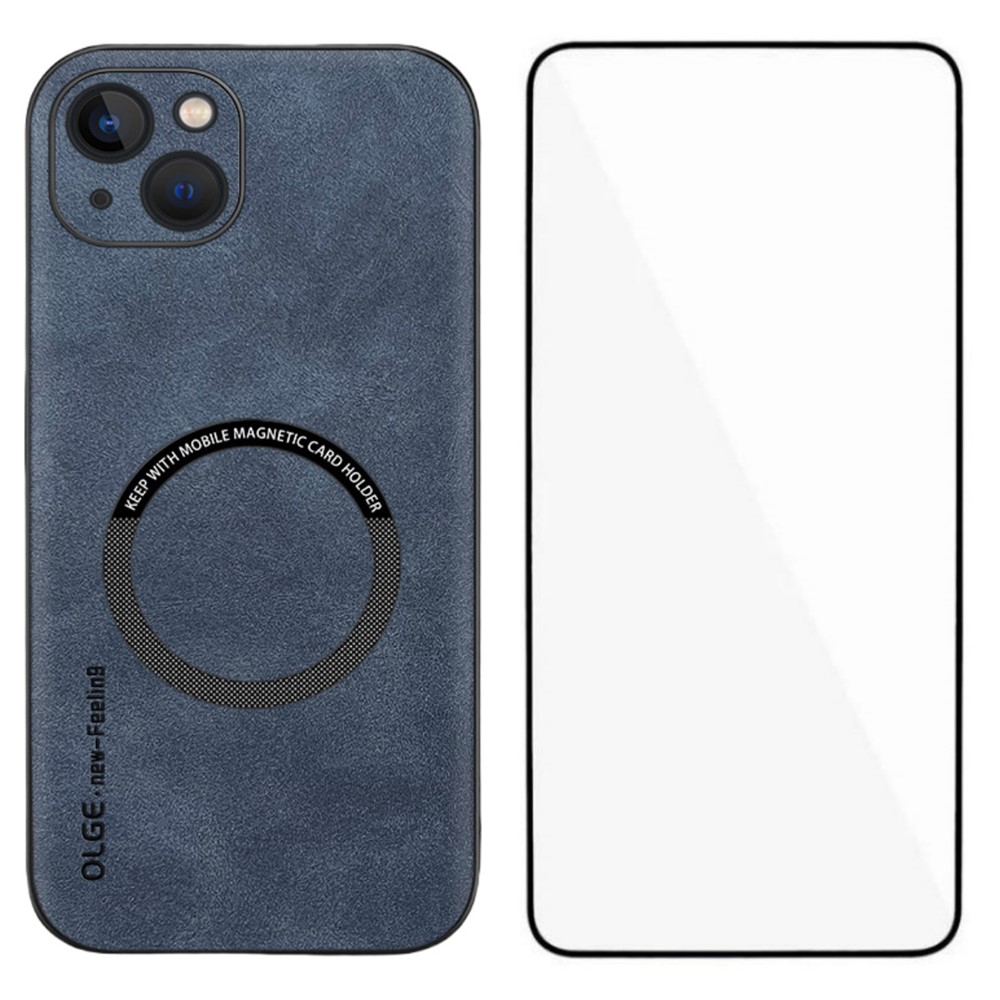 WANLONFENG YBP Series For iPhone 13 Magnetic Case with Tempered Glass Film PU Leather + TPU Phone Cover Precise Cutouts - Blue