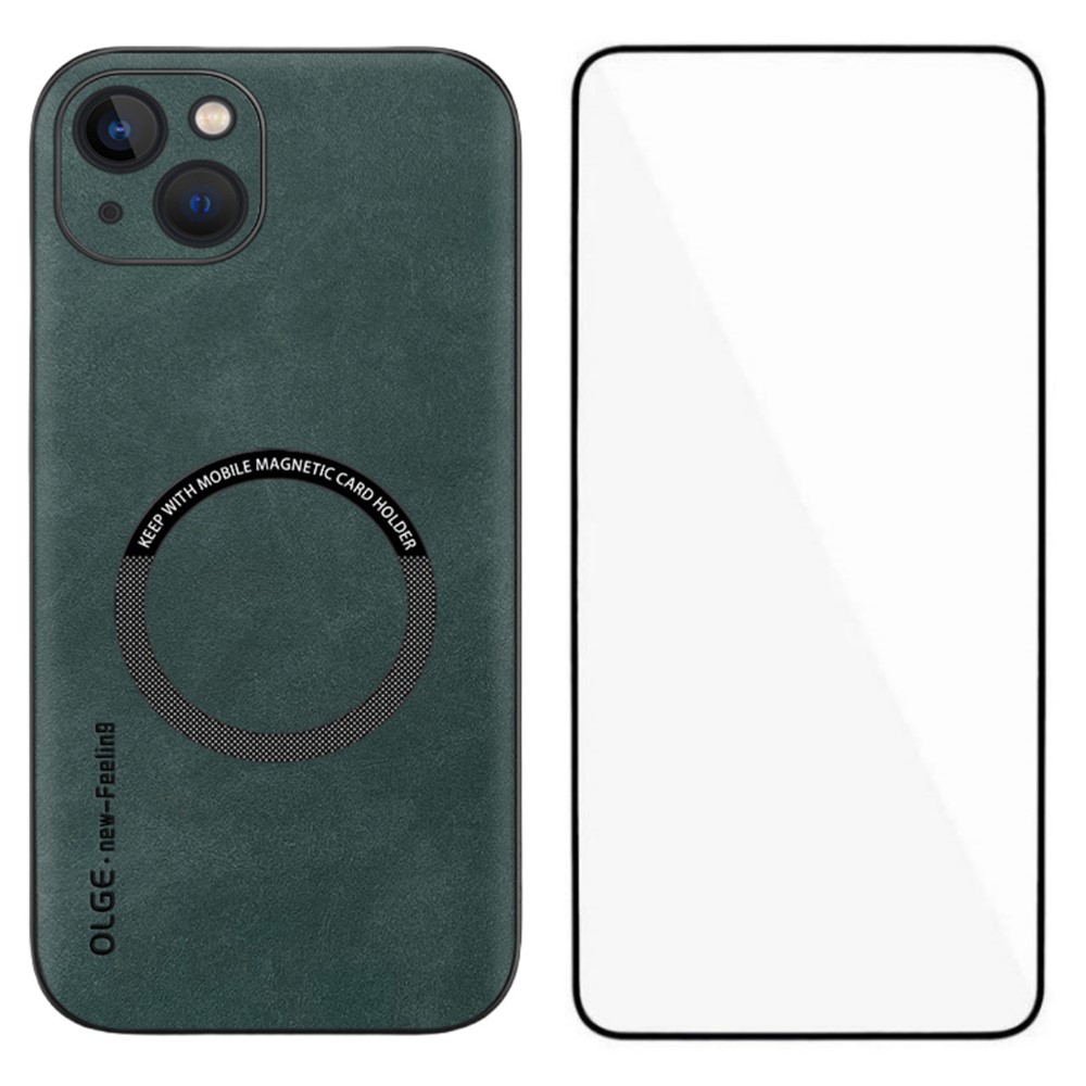 WANLONFENG YBP Series For iPhone 13 Magnetic Case with Tempered Glass Film PU Leather + TPU Phone Cover Precise Cutouts - Green