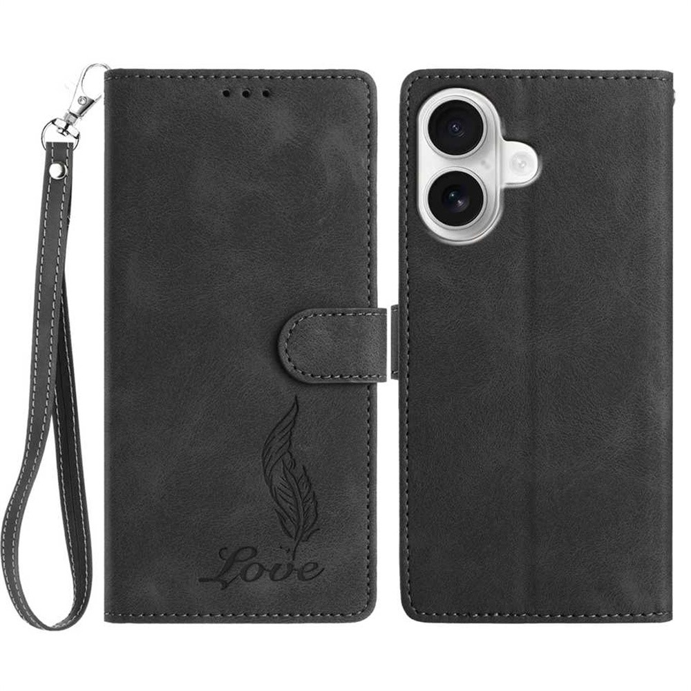 For iPhone 16 Plus Case Imprinted Feather PU Leather Wallet Phone Cover with Wrist Strap - Black