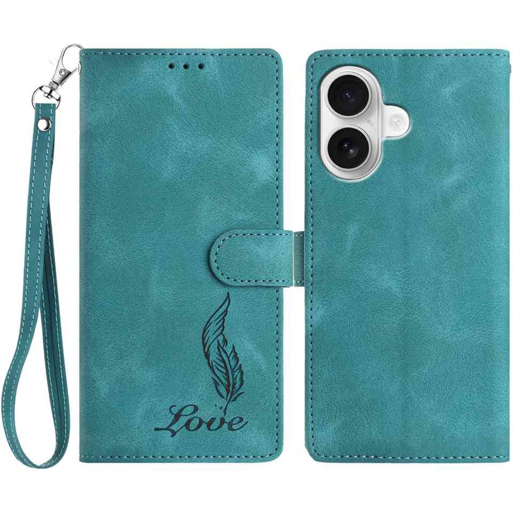 For iPhone 16 Plus Case Imprinted Feather PU Leather Wallet Phone Cover with Wrist Strap - Green