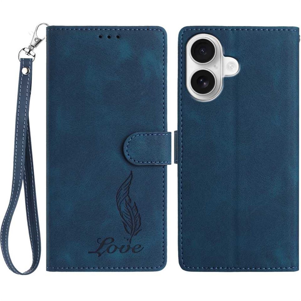For iPhone 16 Plus Case Imprinted Feather PU Leather Wallet Phone Cover with Wrist Strap - Dark Blue