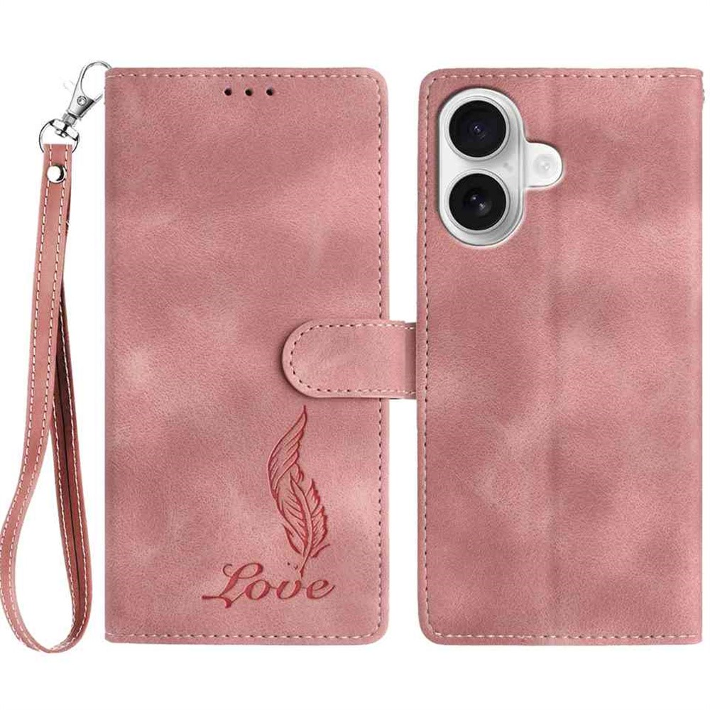For iPhone 16 Plus Case Imprinted Feather PU Leather Wallet Phone Cover with Wrist Strap - Pink