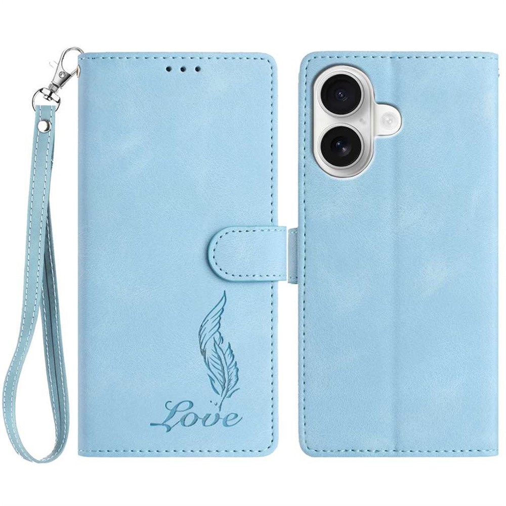 For iPhone 16 Plus Case Imprinted Feather PU Leather Wallet Phone Cover with Wrist Strap - Sky Blue
