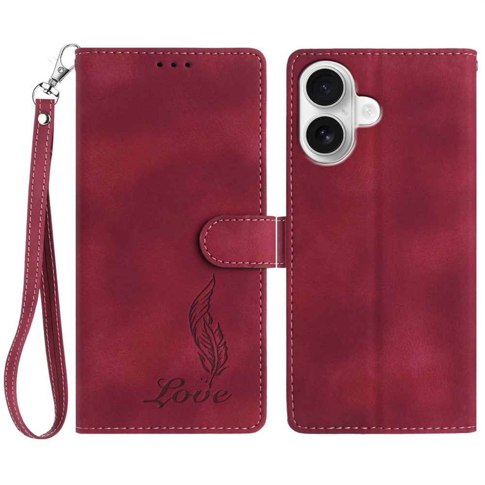 For iPhone 16 Plus Case Imprinted Feather PU Leather Wallet Phone Cover with Wrist Strap - Red