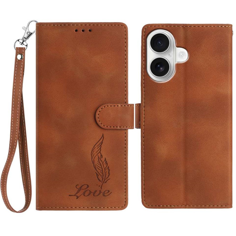For iPhone 16 Plus Case Imprinted Feather PU Leather Wallet Phone Cover with Wrist Strap - Brown