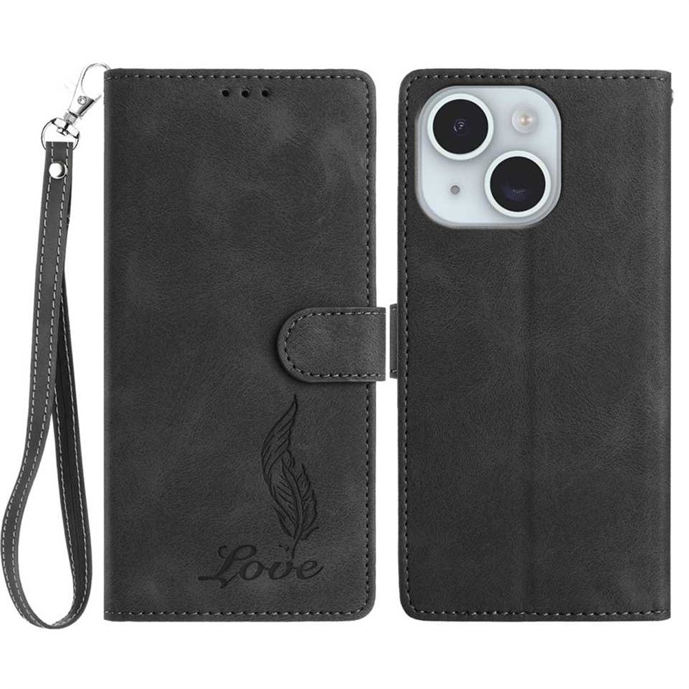 For iPhone 15 Case Imprinted Feather PU Leather Wallet Phone Cover with Wrist Strap - Black